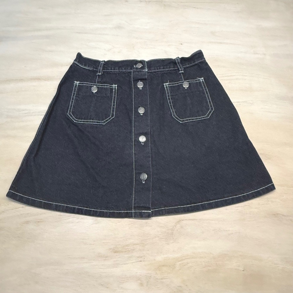 Vintage Y2K MGR Black Denim Mini Skirt Women 11 Button Front USA Contrast Stitch